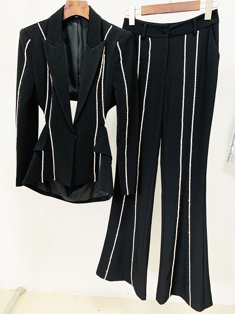 Vêtements pour femmes, mode, nouveau style, tempérament de célébrité, clou creux, diamant, costume, veste, pantalon, costume, costume deux pièces_voghion.com