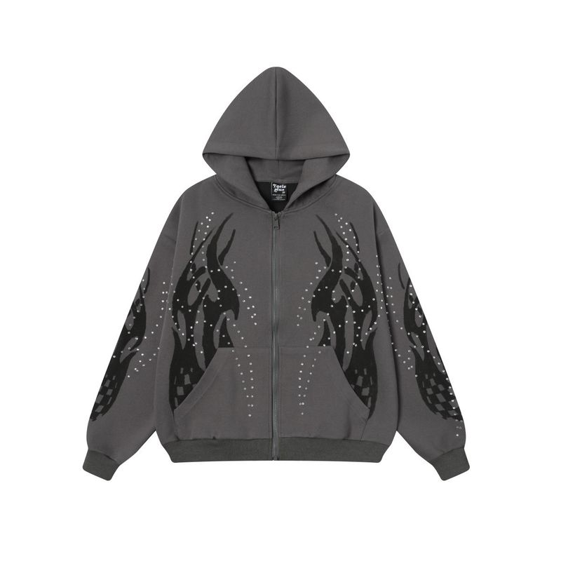 Felpa con cappuccio e zip da uomo con strass e fiamme retrò – Giacca streetwear oversize (grigio/viola, M-XL)_voghion.com