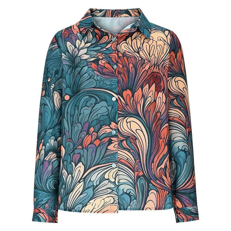 Chemise à manches longues pour femme, imprimé vintage – Coupe ample, polyester doux, respirant et élégant pour le printemps et l'été (motifs rétro variés)_voghion.com