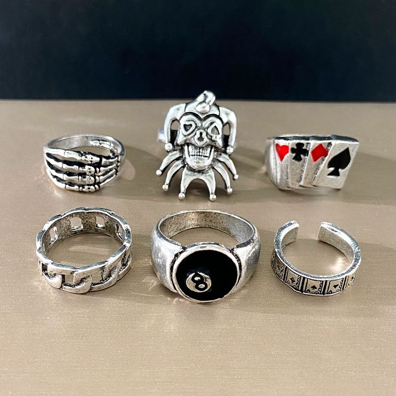 New Personality For Men, Ins Punk Skull Head Ghost Claw Number 8 Poker 6-Piece Set Index Finger Ring_voghion.com