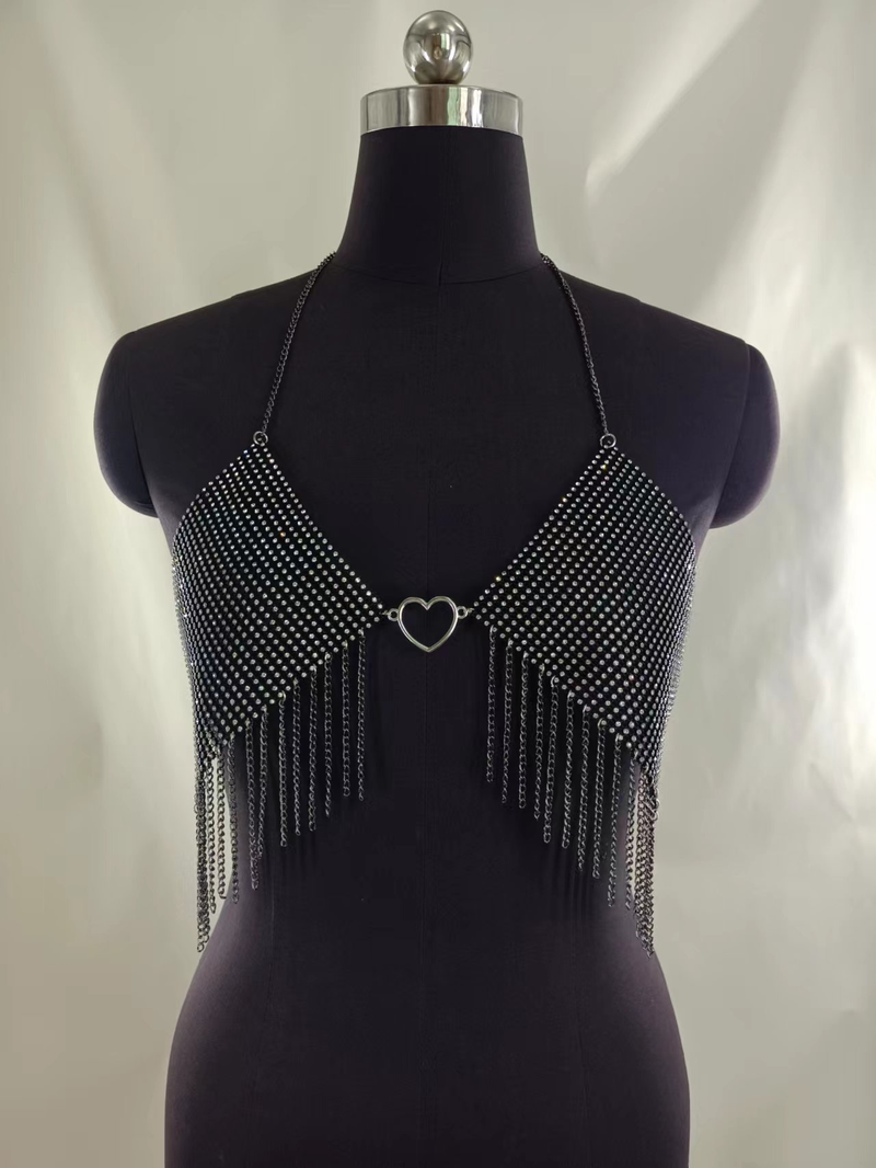 FB3424 Europäische und amerikanische Weste Legierung Hohl Pfirsich Herz Zubehör verbunden Diamant Tuch Quaste Kette Schaukelkette kleine Weste Körperkette_voghion.com