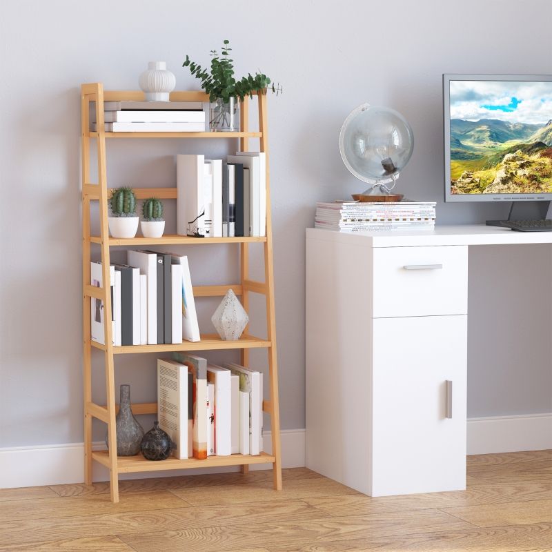 Bücherregal Mit 4 Ebenen Im Leiterdesign, Aus Bambusholz, Naturfarbe_voghion.com