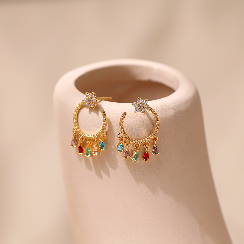 Niche zircon earrings brass plated K real gold bohemian style medieval texture earrings_voghion.com