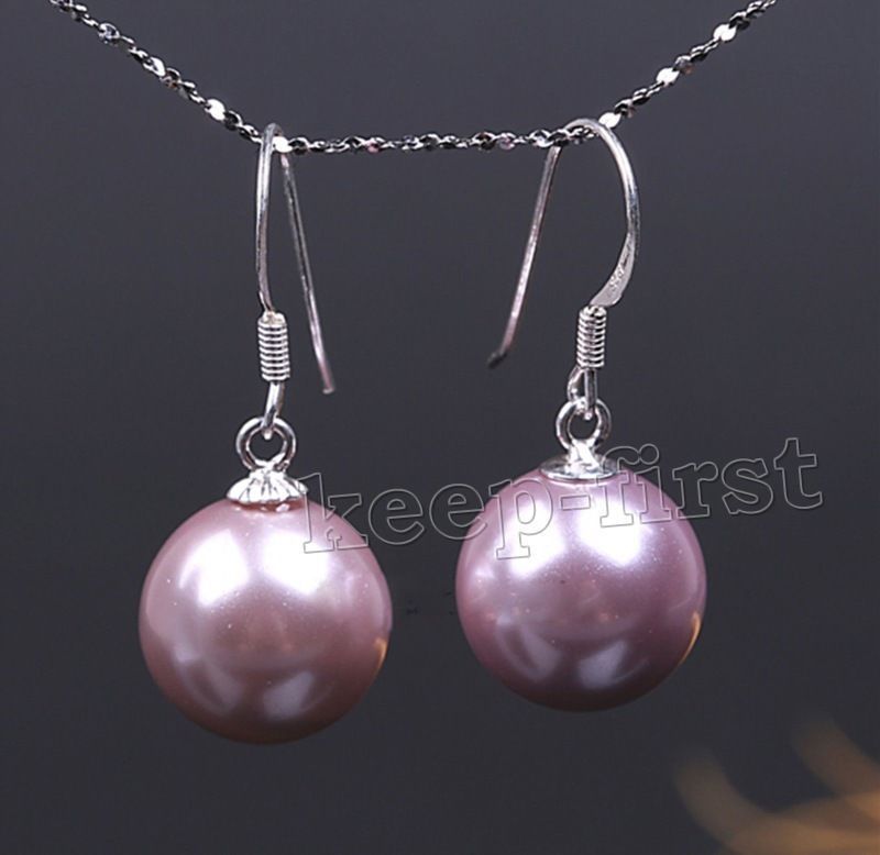 Orecchini pendenti con gancio in argento sterling da 12 mm, con perle di conchiglia rotonde, viola, confezione regalo C9_voghion.com