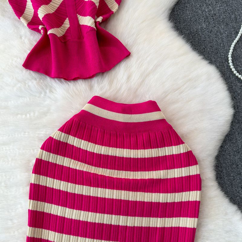 Women's Clothing all match contrast color striped ice silk knitted suit _voghion.com