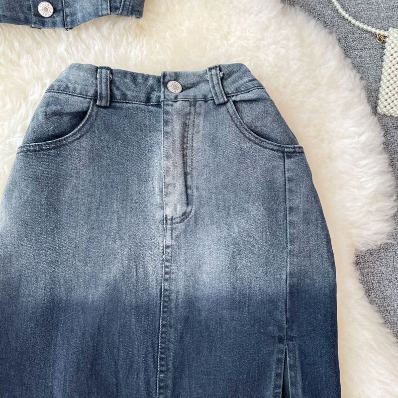 Gonna in denim da donna, lunghezza media, vita alta, spacco, gonna lunga a trapezio, gonna alla moda, completo due pezzi, top corto a vita alta_voghion.com