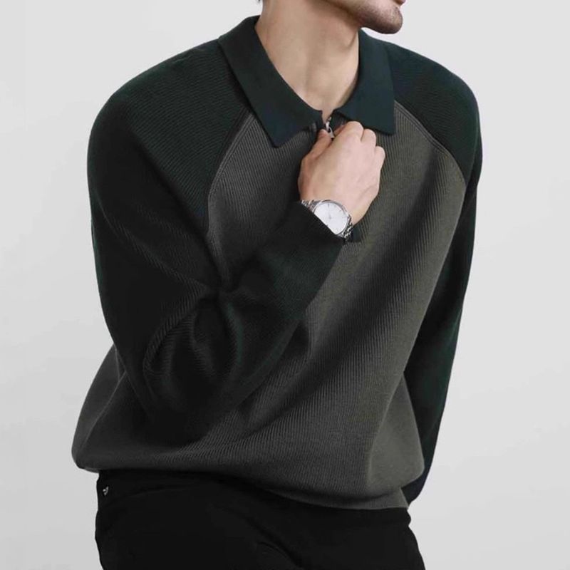 "Herren-Polopullover mit Kontrastkragen und Halbreißverschluss – Übergroßer Strickpullover mit Raglanärmeln, maschinenwaschbar (5 Größen, Grün/Schwarz/Weiß)"_voghion.com