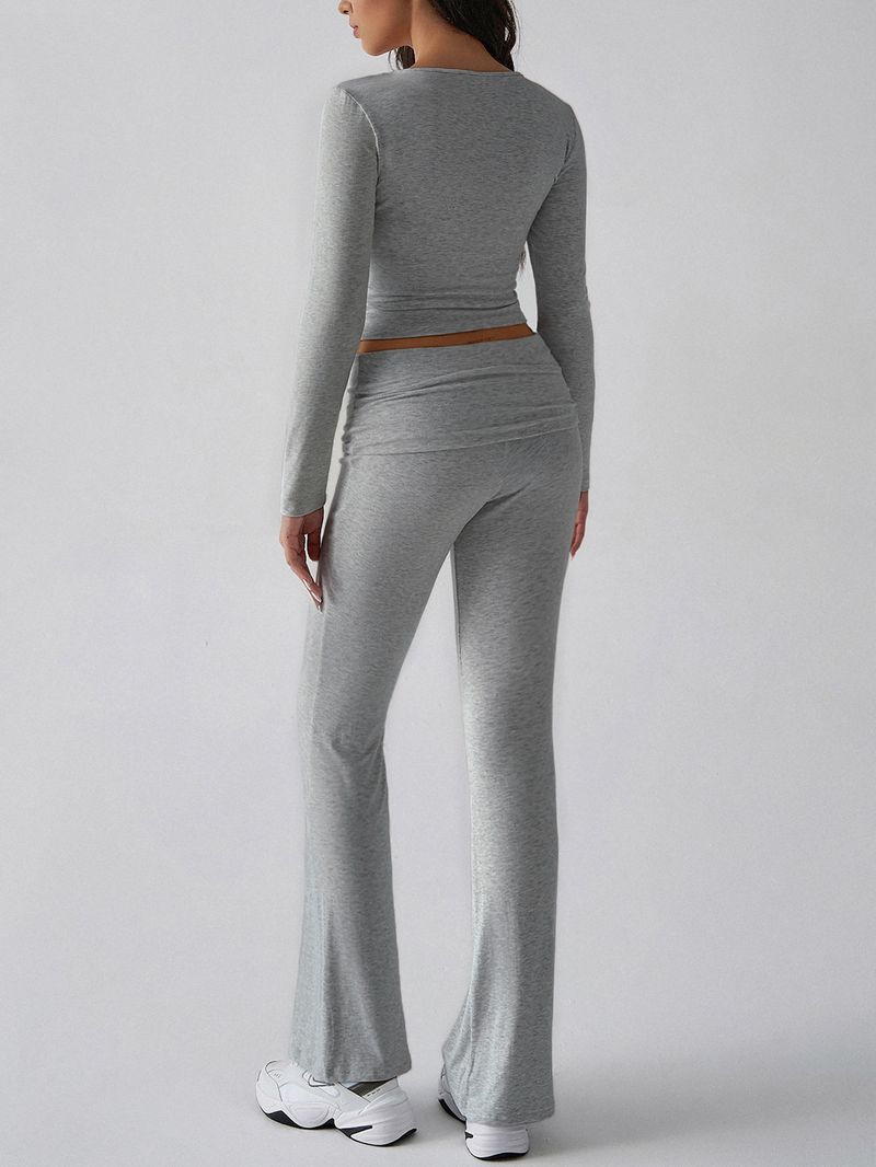 Completo da donna con top a maniche lunghe in maglia tinta unita e pantaloni da yoga – Completo casual comodo ed elasticizzato per lavoro e tempo libero_voghion.com