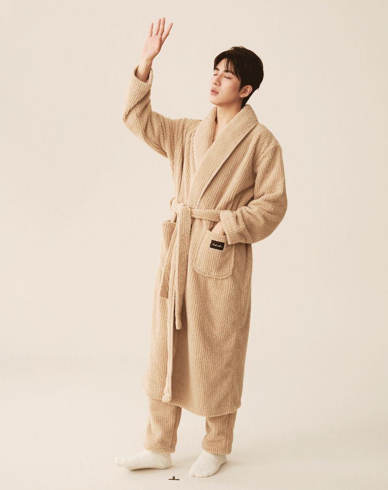 "Luxury Coral Fleece Bathrobe Set For Couples - Extra Long & Thick Winter Robe With Matching Pants - Ultra Soft V-Neck Design In Multiple Colors_voghion.com