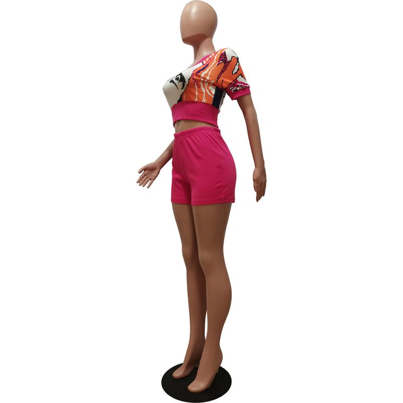 Women's Clothing Summer Printed Heart Shaped Collar Slim Sports Casual Suit_voghion.com