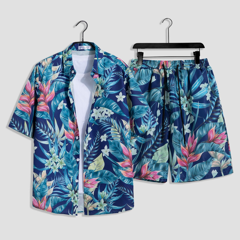 Herenkleding aan zee, strandvakantie, losse heren, plus size paar, trendy bloemenoverhemd met korte mouwen, casual tweedelige set_voghion.com