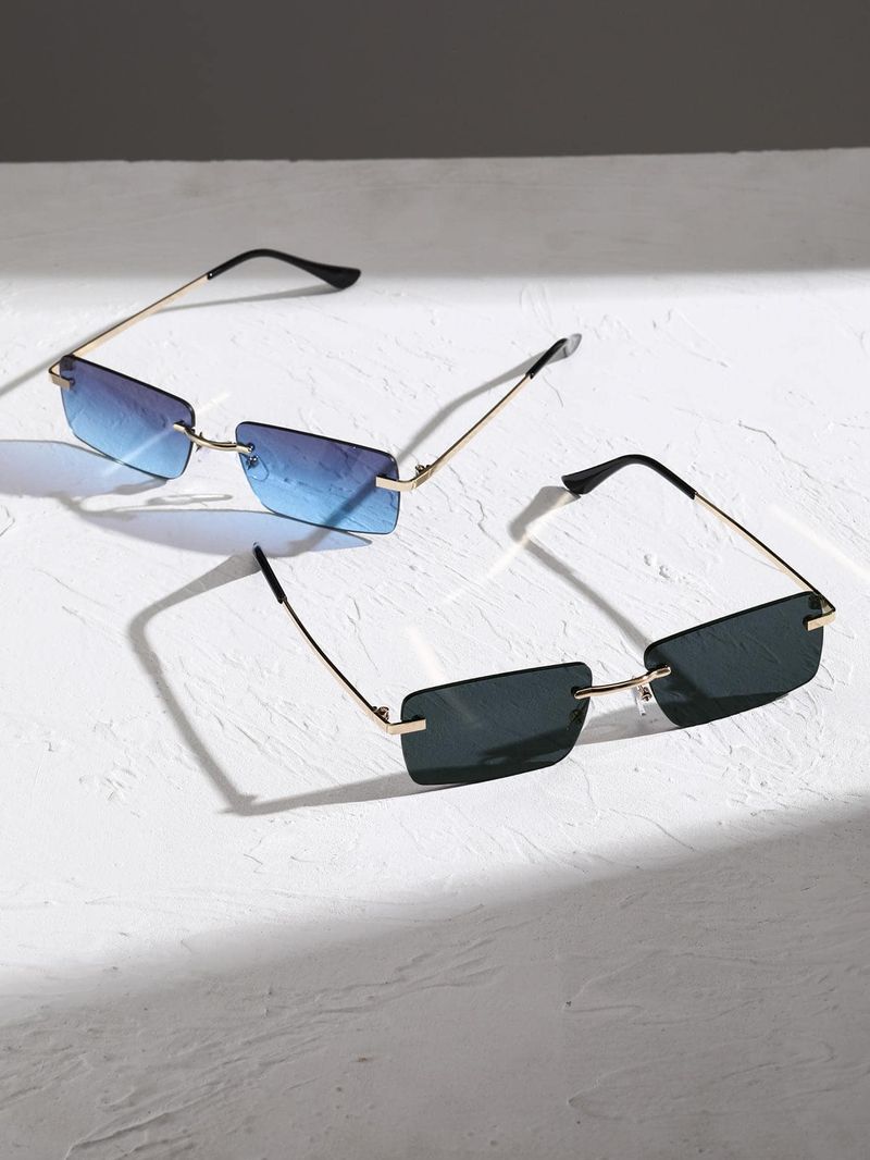 Nuovi arrivi 2 pezzi unisex in metallo con montatura quadrata occhiali da sole alla moda senza montatura per feste in spiaggia all'aperto escursioni_voghion.com