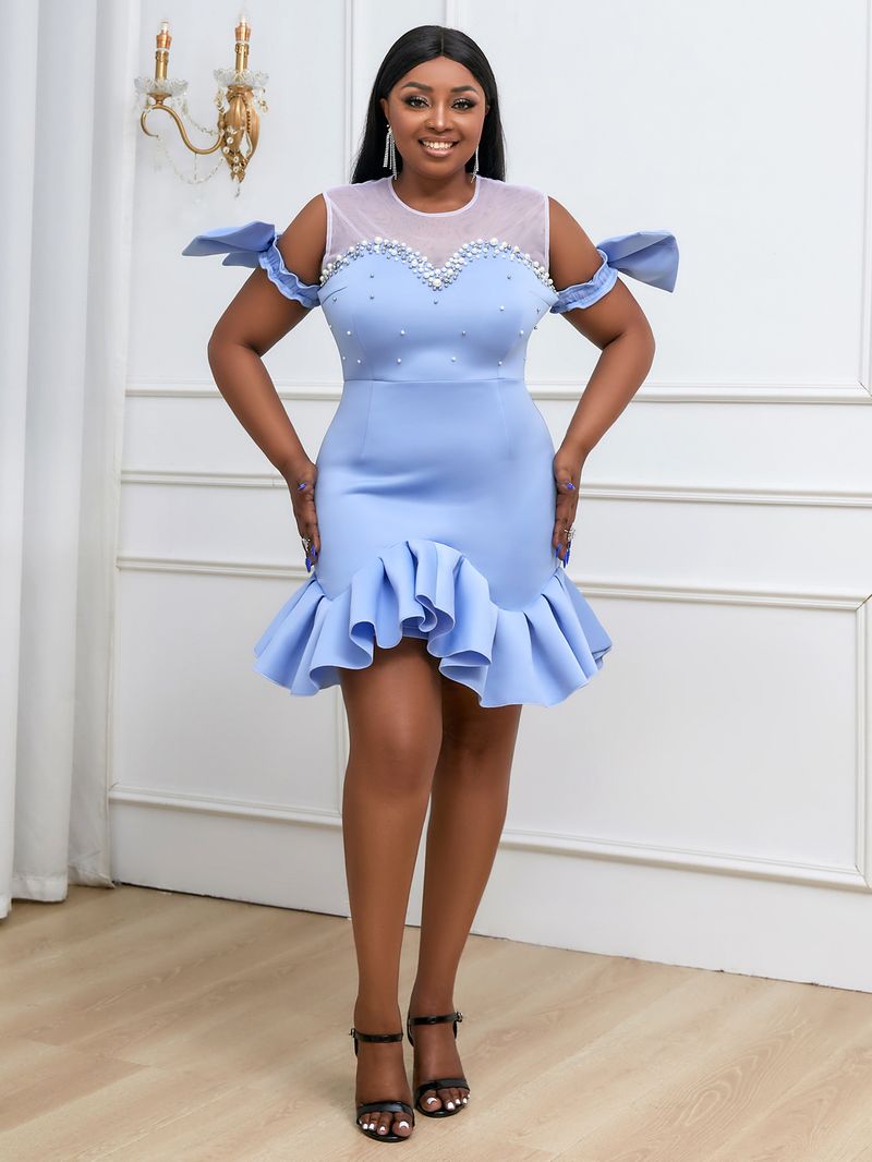 Sexy perspective mesh bow beaded ruffle party dress large size dress_voghion.com