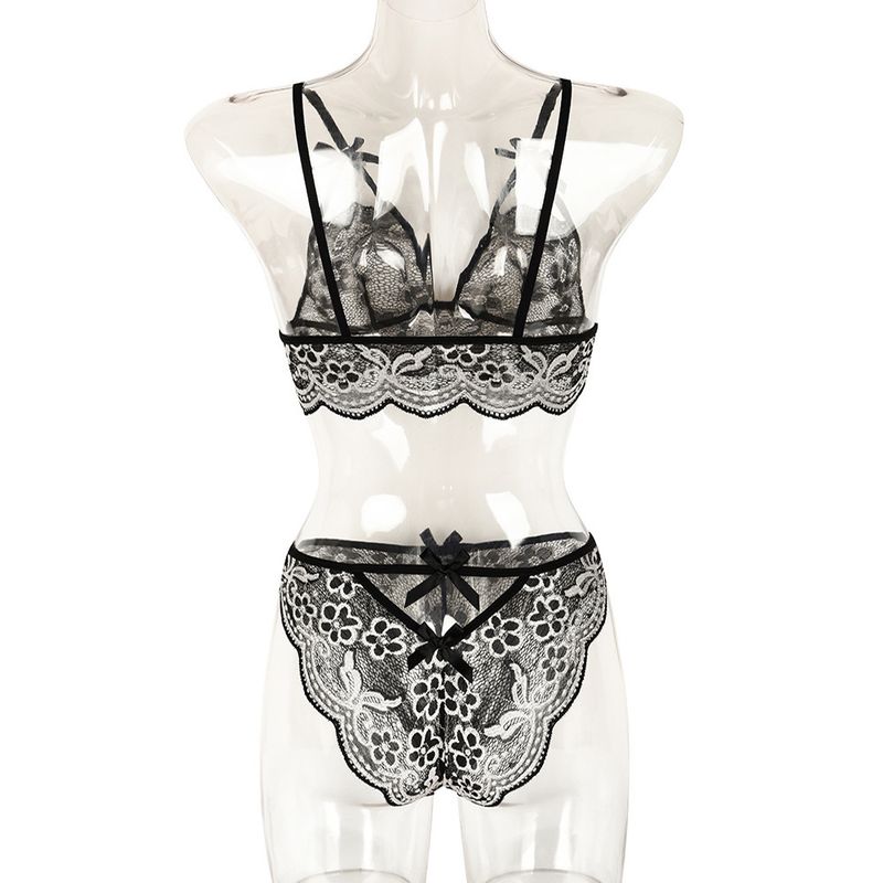 Women's Intimates New Bow Deep V Jacquard Two Piece Sexy Lingerie_voghion.com
