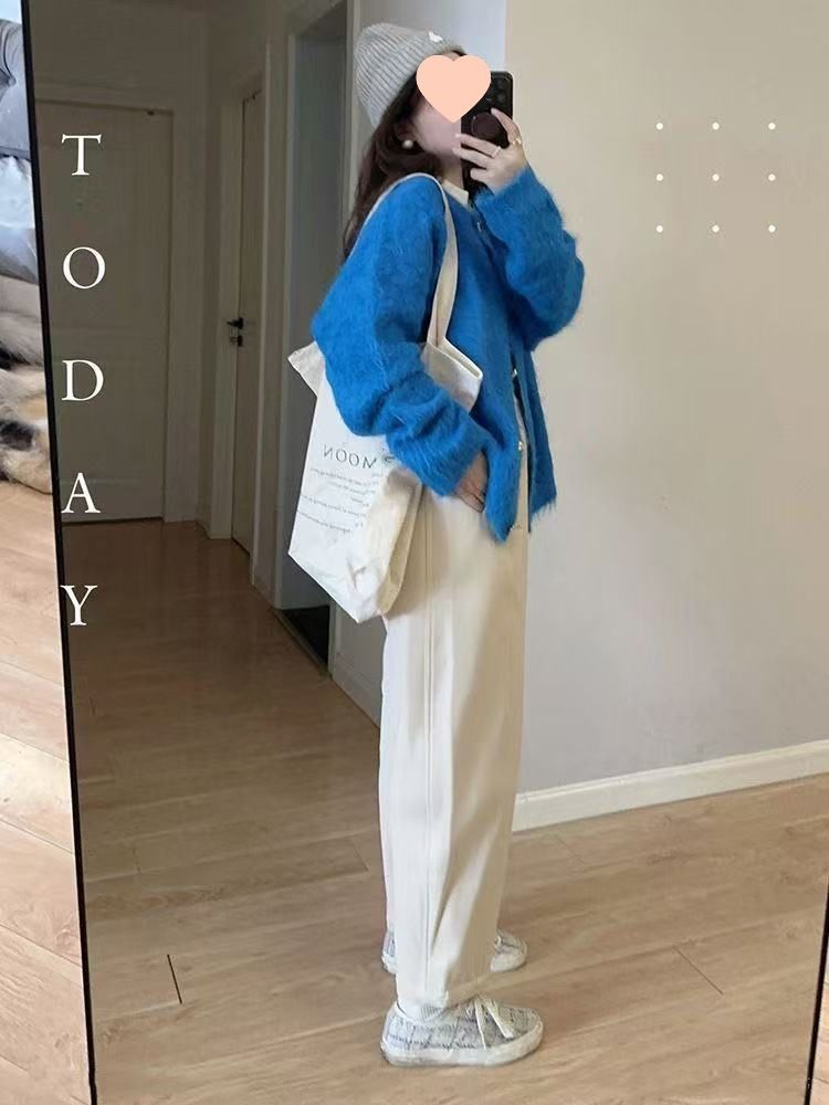 Mädchen Herbst Winter Aufhellender Pullover Mantel Strickcardigan Damen Kleinblau Flauschig Elegantes Design Top_voghion.com