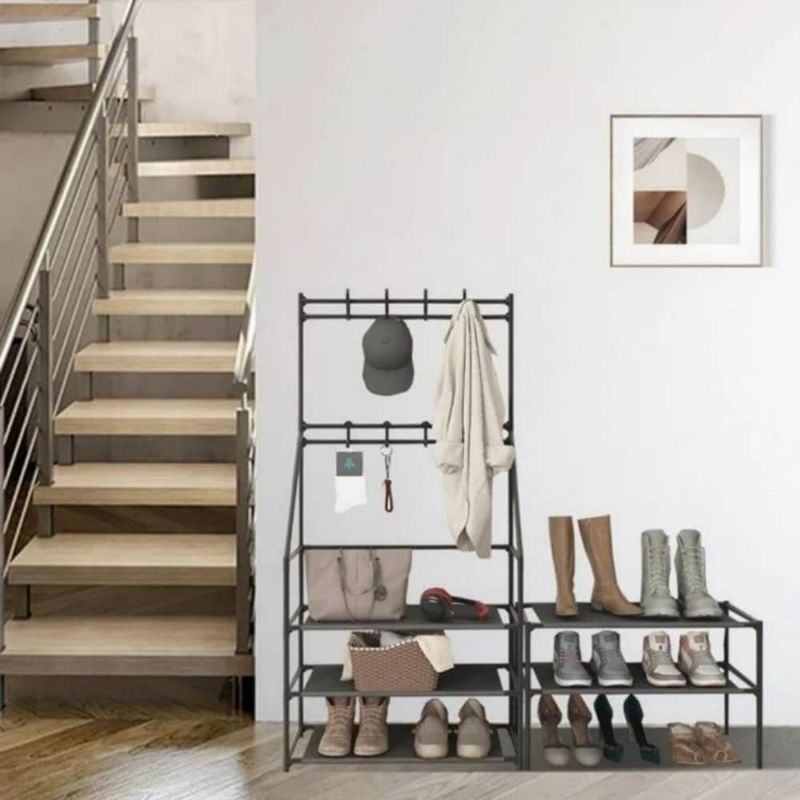 5-Tier Shoe Rack Shoe Storage For Entryway,Narrow Shoe Rack,Coat And Shoe Rack With 8 Hooks_voghion.com