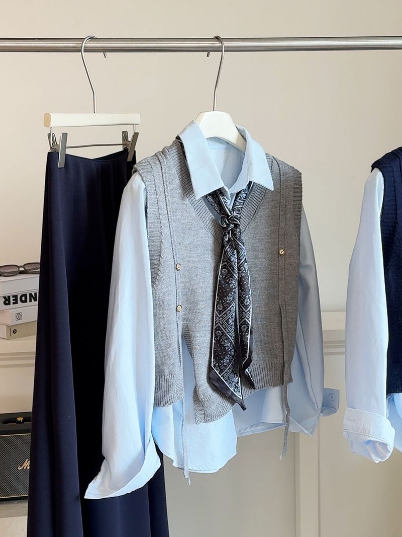 Completo tre pezzi in maglia elegante e snellente in stile coreano autunnale, anti-età, versatile, con camicia a maniche lunghe e sciarpa_voghion.com