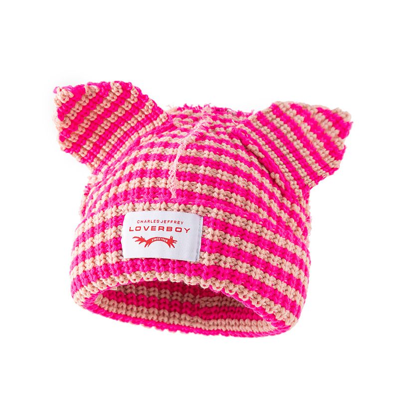 Berretto a righe in maglia con orecchie da gatto - Cappello invernale in acrilico morbido per calore e stile - Accessorio alla moda per coppie alla moda Cappello freddo per coppie del marchio alla moda_voghion.com