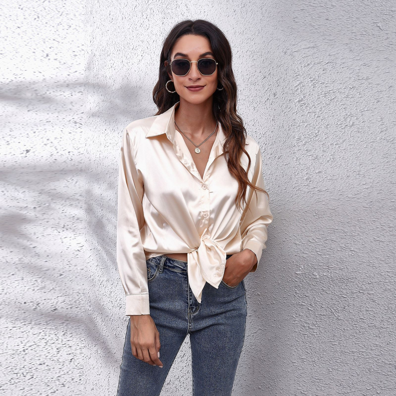 Women's clothing color D shirt satin silk imitation long sleeve shirt_voghion.com