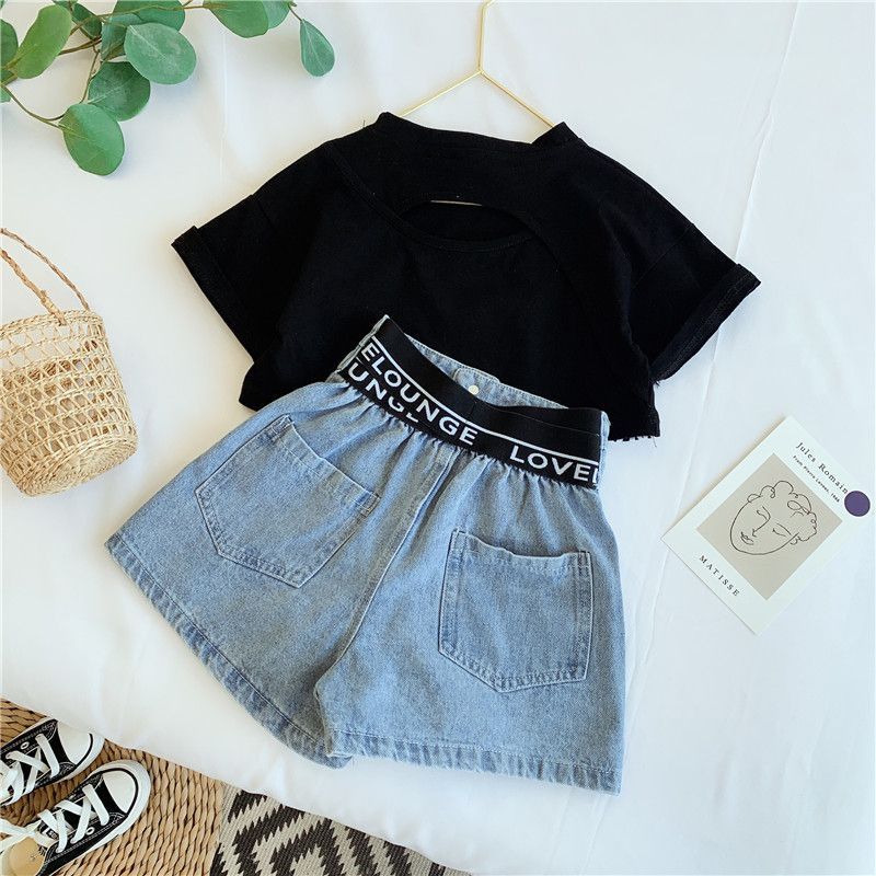 Mamma e bambini estate ragazze vestito bambino stile occidentale bambini personalità alla moda coreano pantaloncini lettera senza schienale maglietta denim_voghion.com