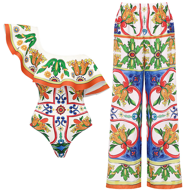 Women's one-shoulder ruffled enamel print beach vacation one-piece swimsuit suit_voghion.com