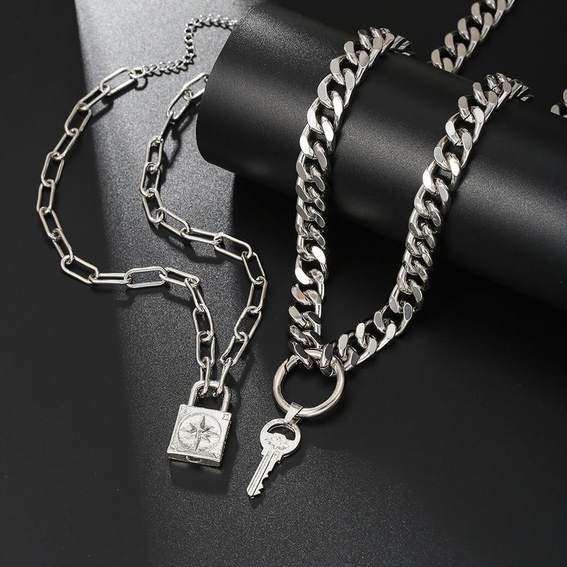 Double Layer Cuban Chain Necklace Retro Punk Lock Key Pendant Clavicle Chain Multi Layer Stacking Sweater Chain Female_voghion.com