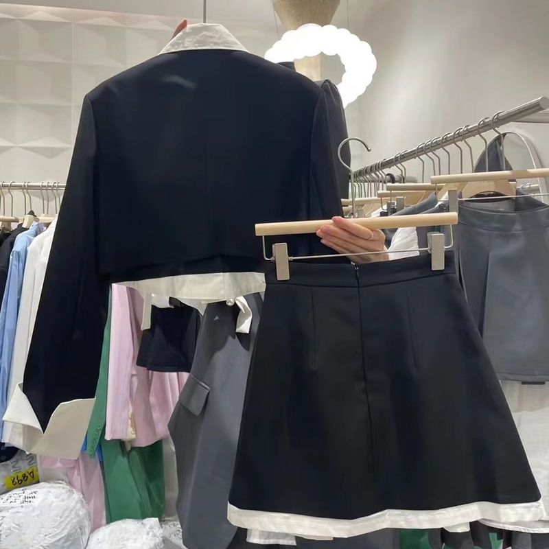 2025 Niche High-End Color-Block Two-Piece For Women Spring Autumn New French Style Streetwear Blazer And Short Skirt Set_voghion.com