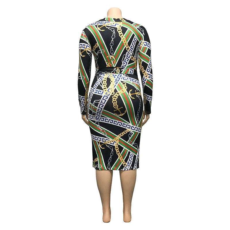 Bodycon Dress Fashion Commute Round Neck Printing Long Sleeve Monogram Knee-length Street_voghion.com