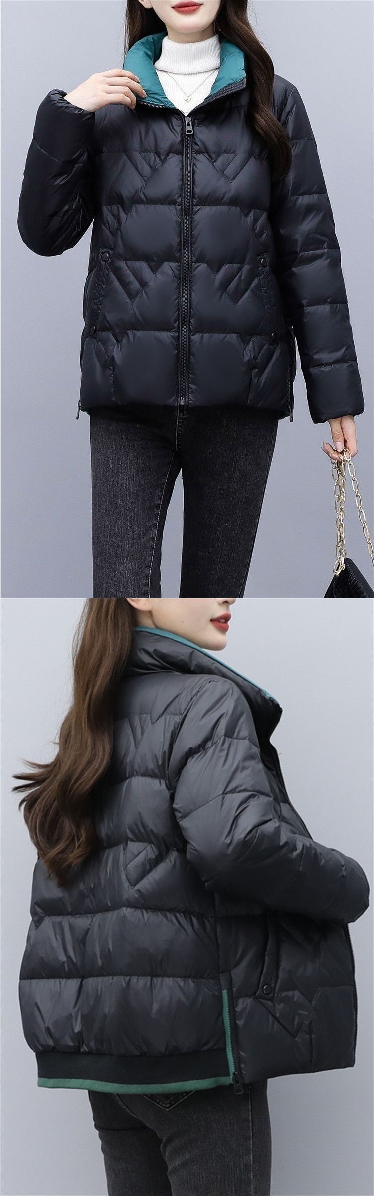 Cappotto imbottito alla moda da donna con collo alto - Vestibilità aderente, caldo ed elegante, versatile per autunno e inverno (nero/rosso/viola)_voghion.com