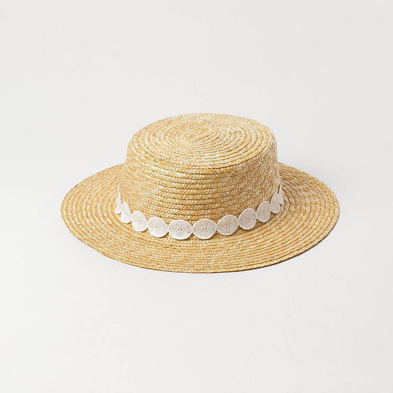 Nuevo sombrero de paja con ala ancha y parte superior plana, con decoración de encaje redondo, ideal para primavera y verano, ideal para turismo al aire libre._voghion.com