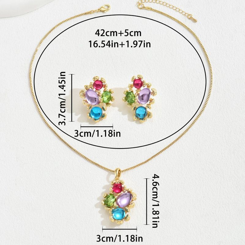 Small Fresh Korean Style Ladies Long Necklace Earrings Set Personality Inlaid With Colored Gemstones Irregular Clavicle Chain Earrings_voghion.com