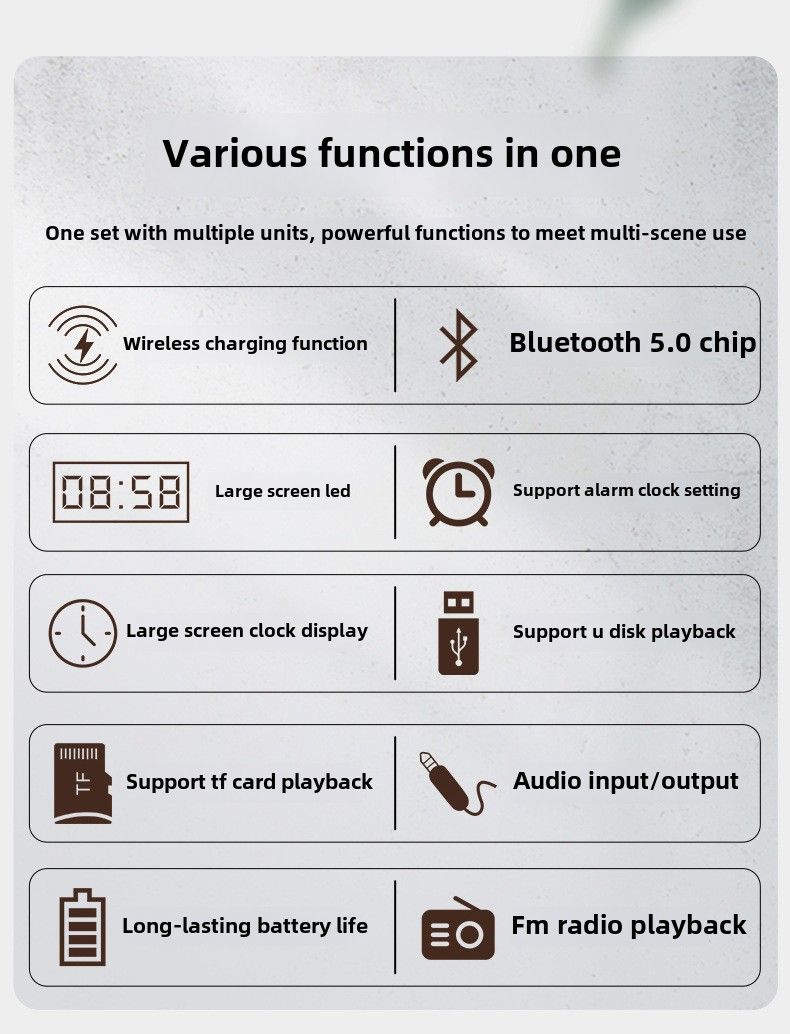 Altoparlante Bluetooth in legno sostenibile, tutto in uno per l'arredamento della camera da letto, radio FM e ricarica wireless_voghion.com