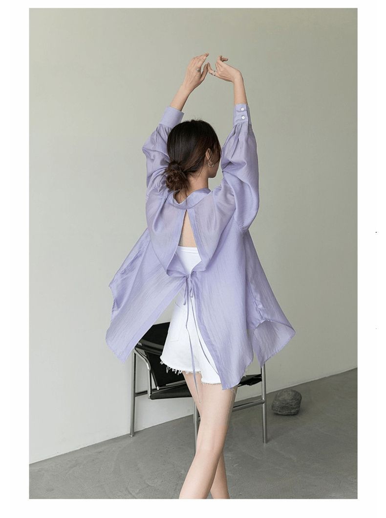 Ragazza Versatile Donna Sottile Estate Nuovo Design Senso Niche Schiena Scoperta Cravatta Micro-Trasparente Protezione Solare Camicia Stile Pigro_voghion.com