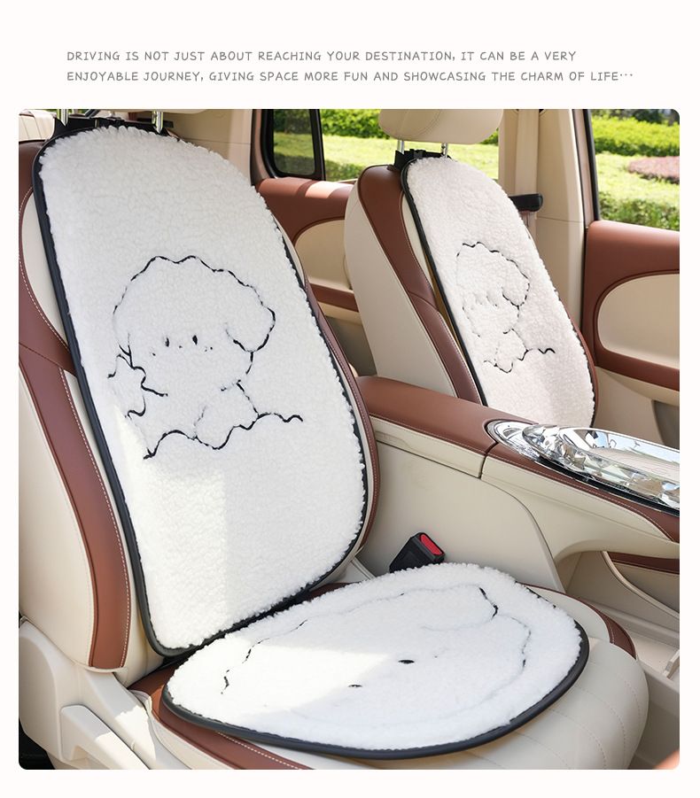 Car seat cushion Lamb wool cartoon embroidered car seat cushion with non-slip warm car creative black and white dog car seat cover_voghion.com