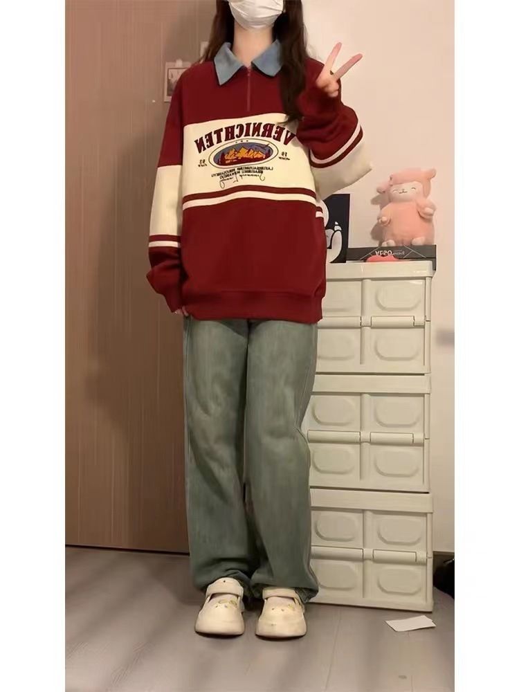 Felpa con cappuccio stile college con colletto polo color block per donna in primavera autunno, design ampio e casual, giacca da studente di nicchia_voghion.com
