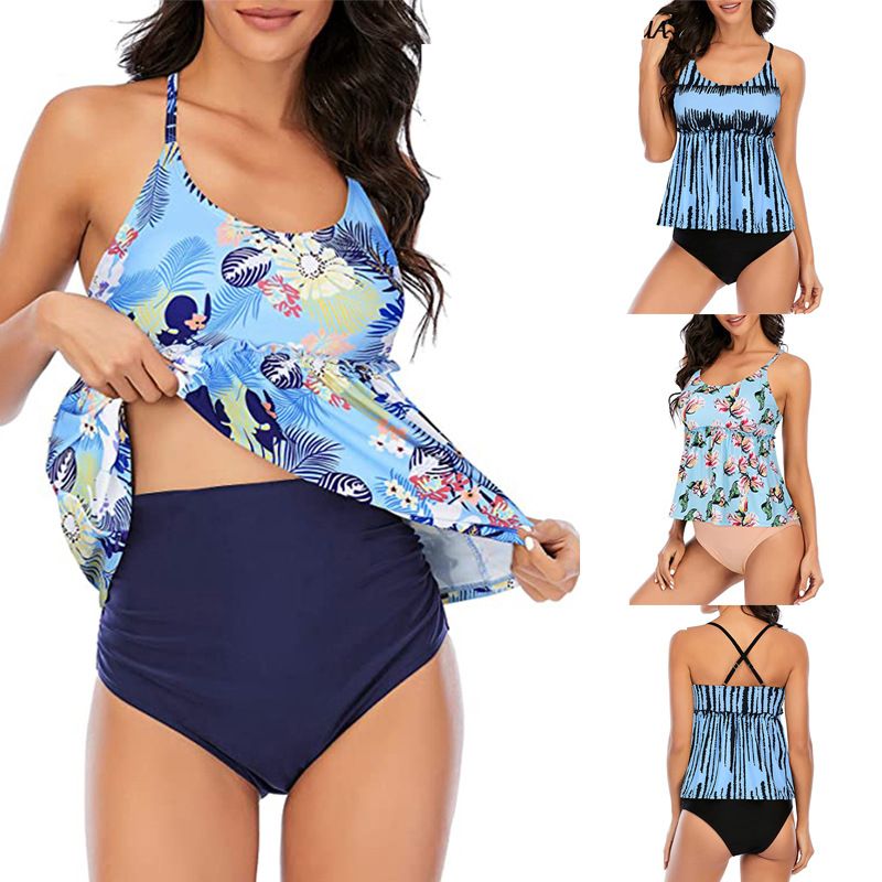 Bikini-Set mit hoher Taille – Badekleid mit Blumenmuster, Rüschenrock und Bauchkontrolle (bescheidene Bademode mit LSF 50+, verstellbare Bänder, schnelltrocknender Stoff)_voghion.com
