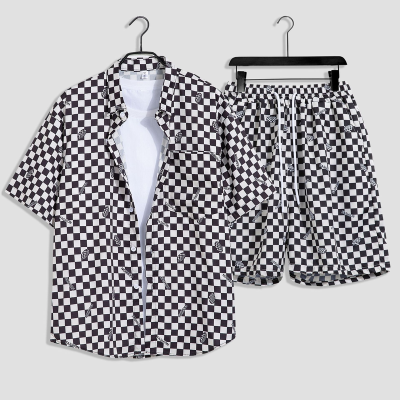 Herenkleding aan zee, strandvakantie, losse heren, plus size paar, trendy bloemenoverhemd met korte mouwen, casual tweedelige set_voghion.com