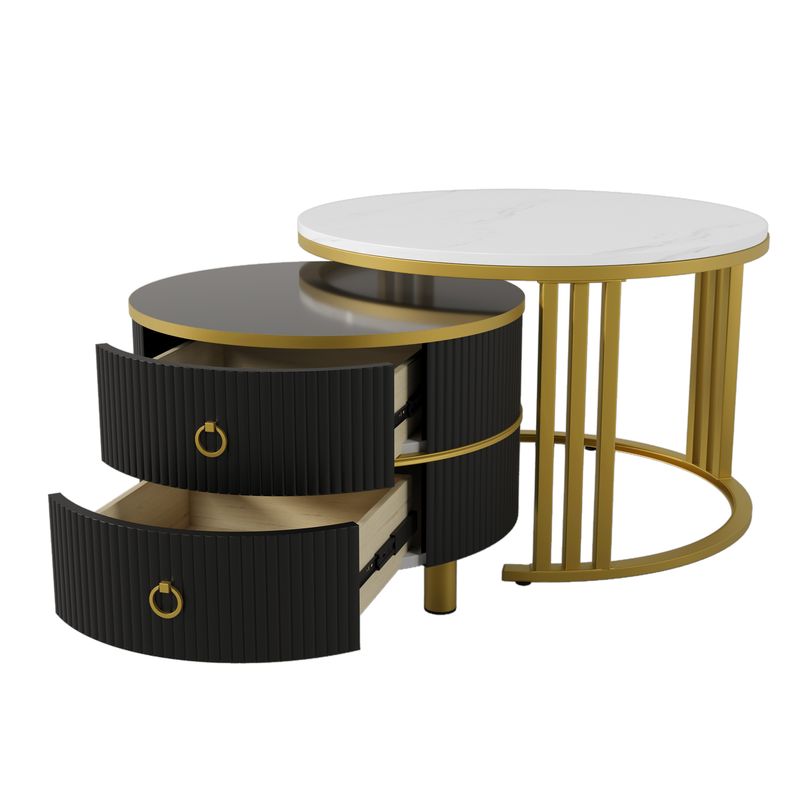 Table basse ronde 2 en 1 en MDF, table d'appoint avec plateau brillant et 1 plateau en marbre blanc, ensemble de table basse de salon avec 2 tiroirs, 70 x 70 x 46 cm + 50 x 50 x 40 cm_voghion.com