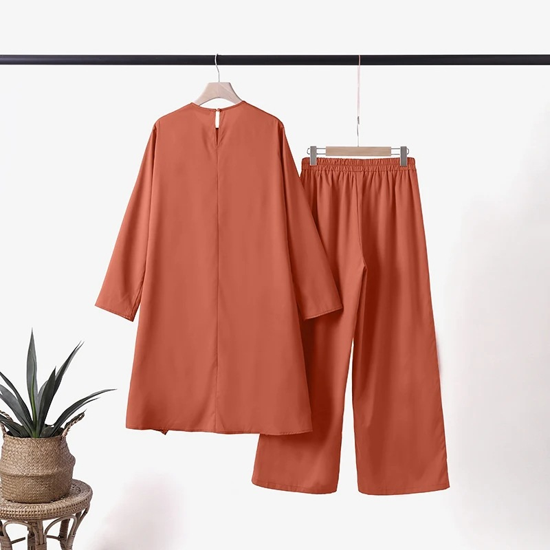 Women's Muslim two-piece long-sleeved O-neck long-sleeved shirt wide-leg pants suit casual solid women's suit_voghion.com