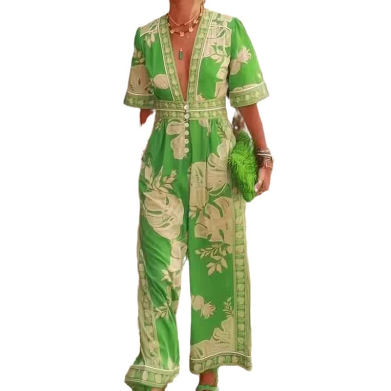 Combinaison imprimée à col en V et manches courtes pour femme, nouvelle mode printemps 2024_voghion.com