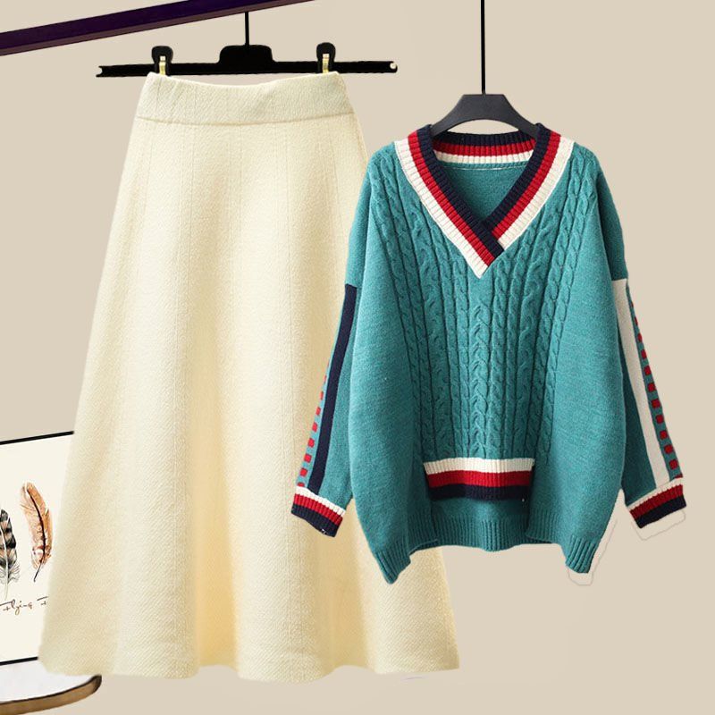 Women's Clothing Large Size Autumn And Winter Suits For Women 2024 New Lazy Loose Western Style Knitted Sweater Women's Slim Skirt Two Piece Suit_voghion.com