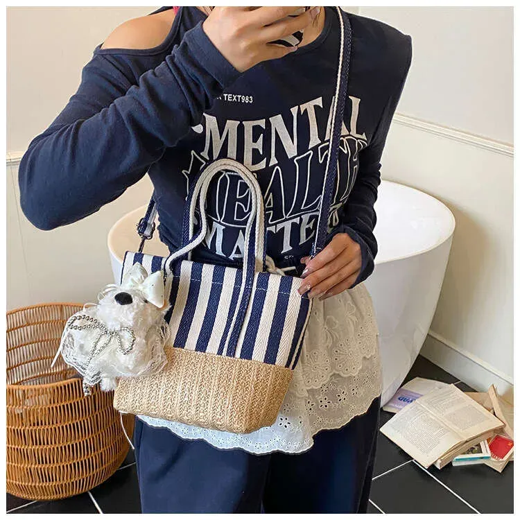 Borsa a mano in tela intrecciata in stile coreano, patchwork, per donna, estiva, a righe, casual, versatile, a tracolla_voghion.com