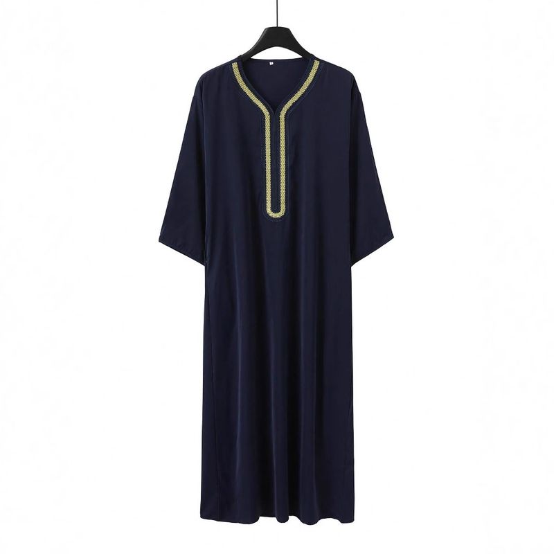 Férfi ruházat Férfi muszlim köntös Új stílusú arab köntös oldalsó zsebes rövid ujjú hímzés sötétkék_voghion.com