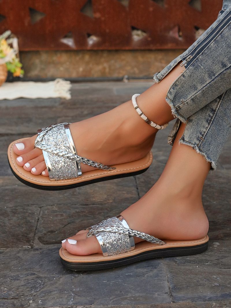 Sapatos Sapatos Únicos Chinelos Rasos Chinelos Casuais de Tecido com Lantejoulas da Moda_voghion.com