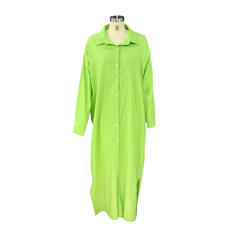 Abito da donna elegante in tinta unita con collo a polo di media lunghezza in cotone e canapa_voghion.com