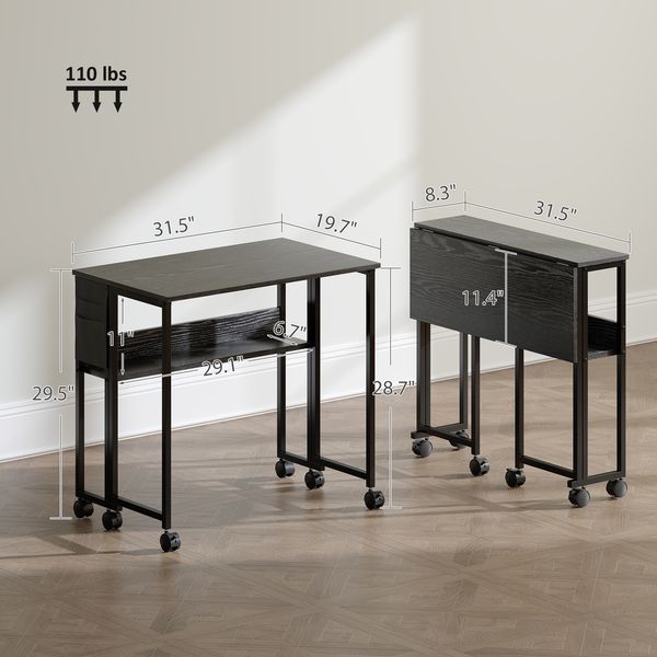 HOMCOM Folding Computer Desk, Foldable Desk With Storage Bag, Shelf And Wheels For Small Spaces, Home Office, Black_voghion.com