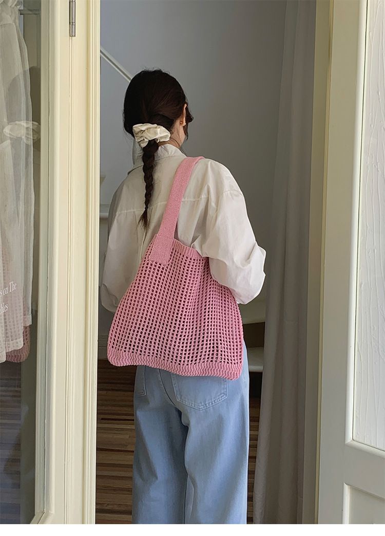 Borsa a tracolla da donna, borsa in maglia, borsa retrò in rete traforata, borsa tessuta a mano, borsa a tracolla portatile in lana, borsa per la spesa_voghion.com