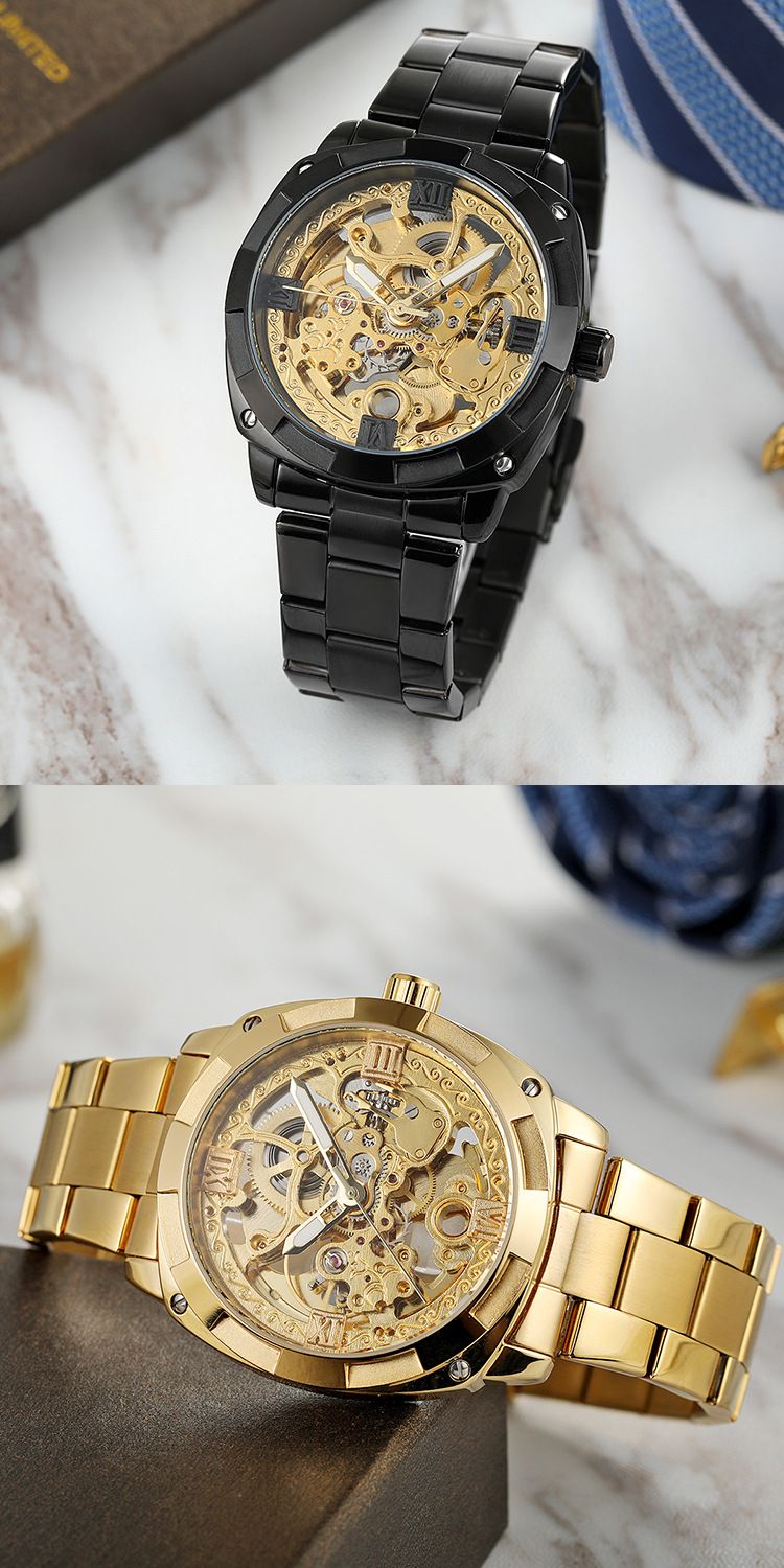 Reloj mecánico automático para hombre con esqueleto, correa de acero, informal._voghion.com