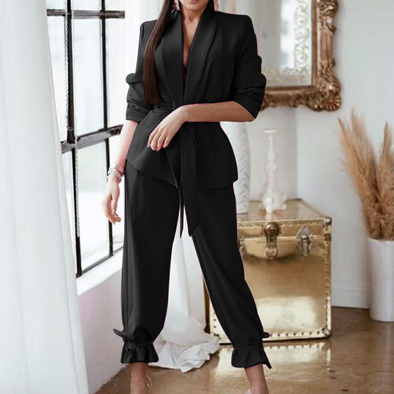 Costume deux pièces décontracté de couleur unie pour femmes_voghion.com