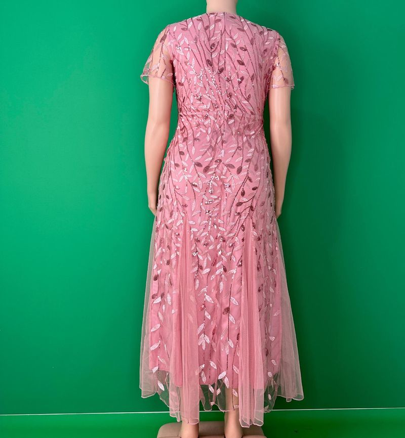 Elegante avondjurk in grote maten voor vrouwen - lange galajurk van mesh met kant en pailletten, bescheiden moslimfeestkleding (roze, 0XL-5XL)_voghion.com